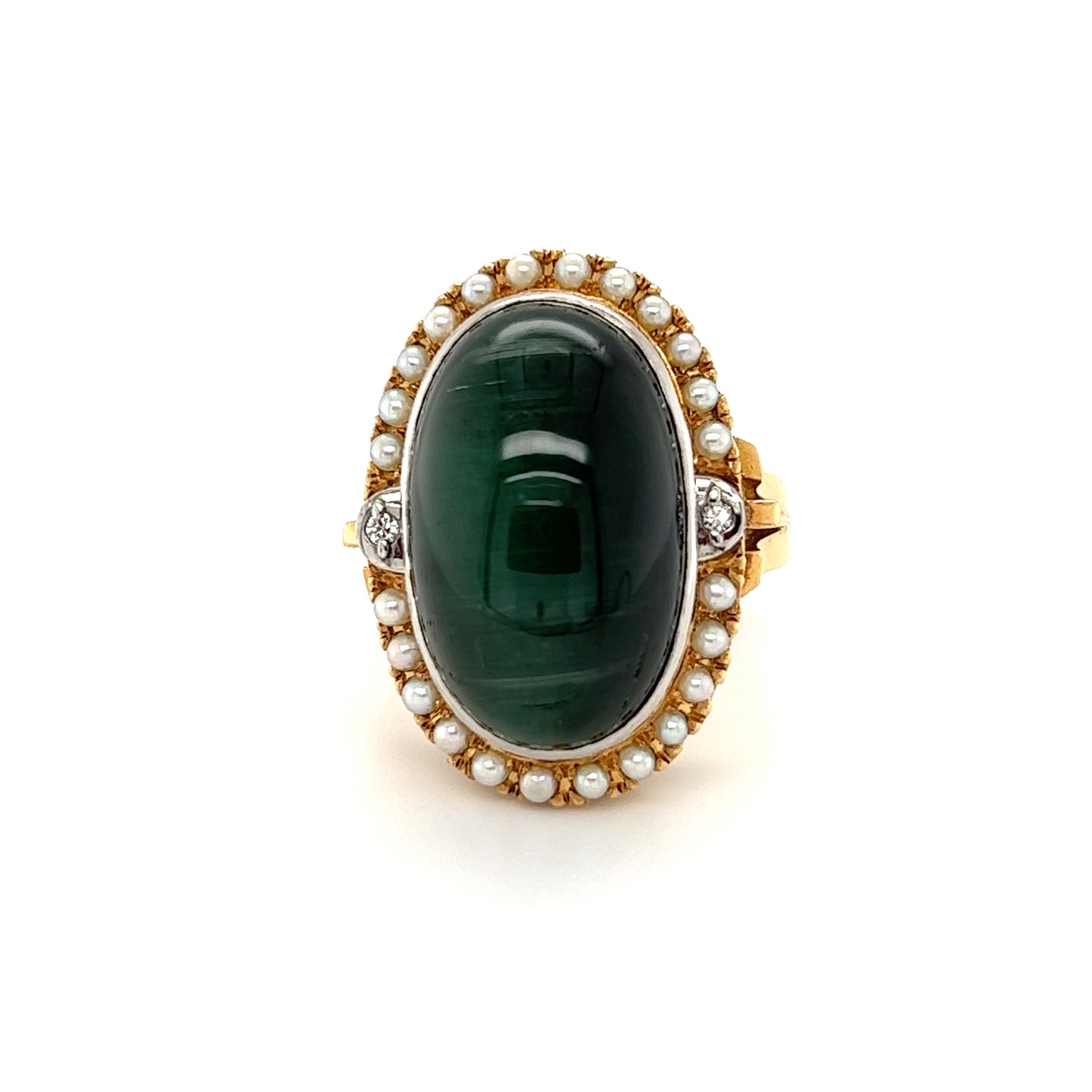 K18 Artisian Catseye Tourmaline Pearl Deatiled Ring