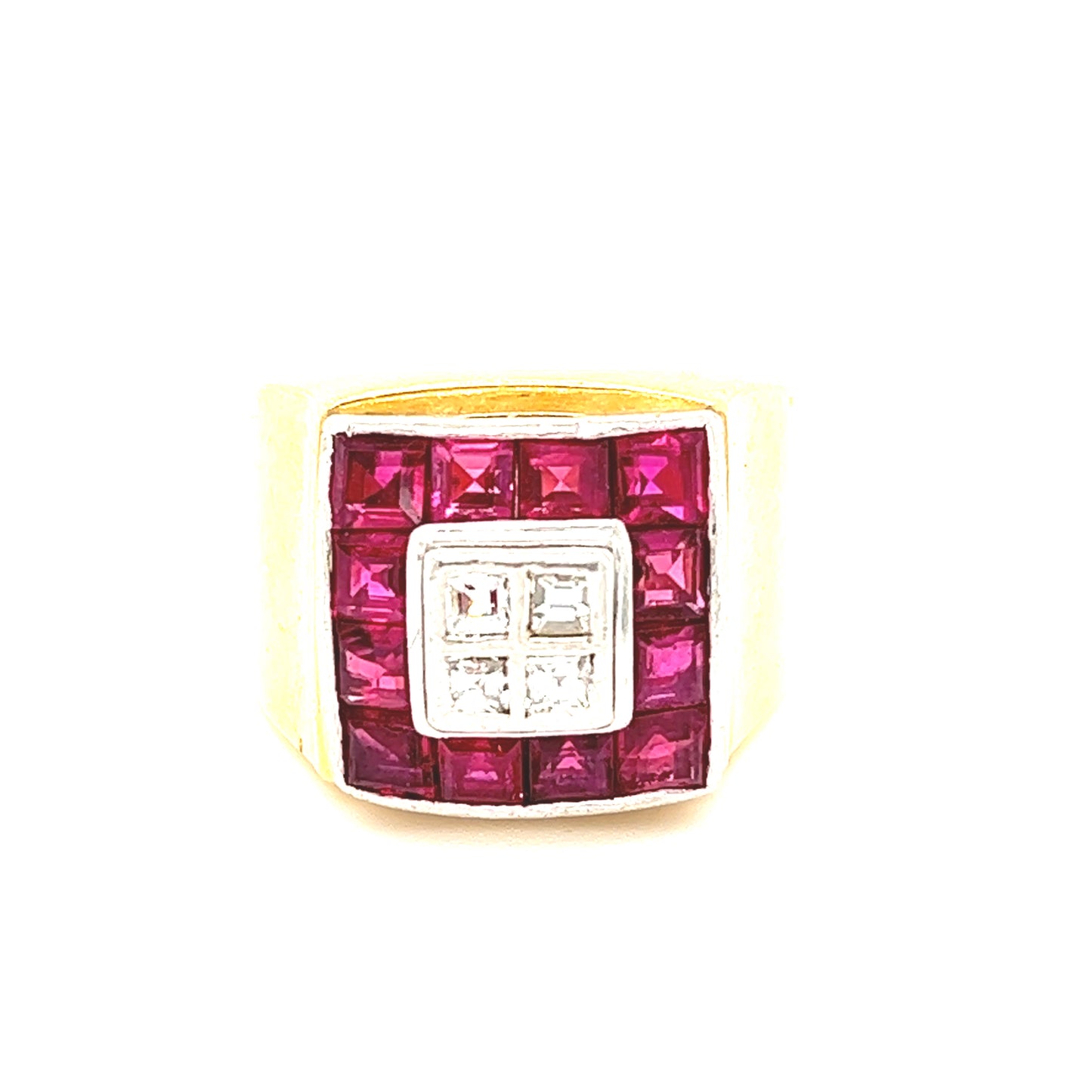 18K & PT900 Square Diamond Ruby Ring
